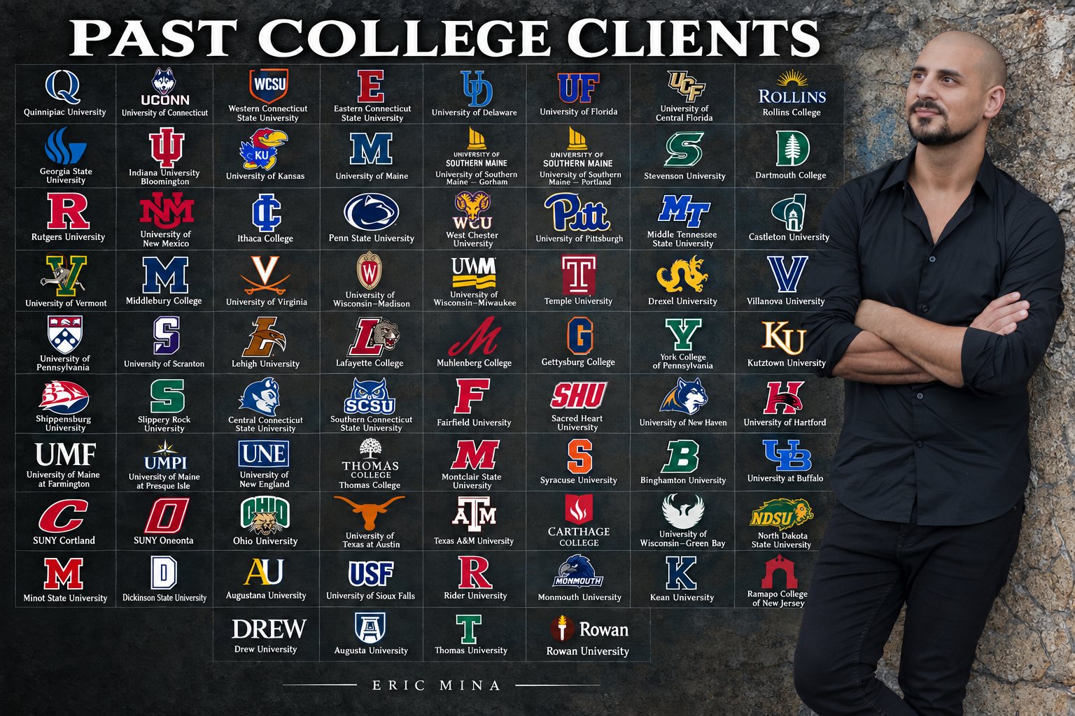Logos of past college clients of Eric Mina, including Penn State, Syracuse, Dartmouth, UConn, Rutgers, and the University of Florida